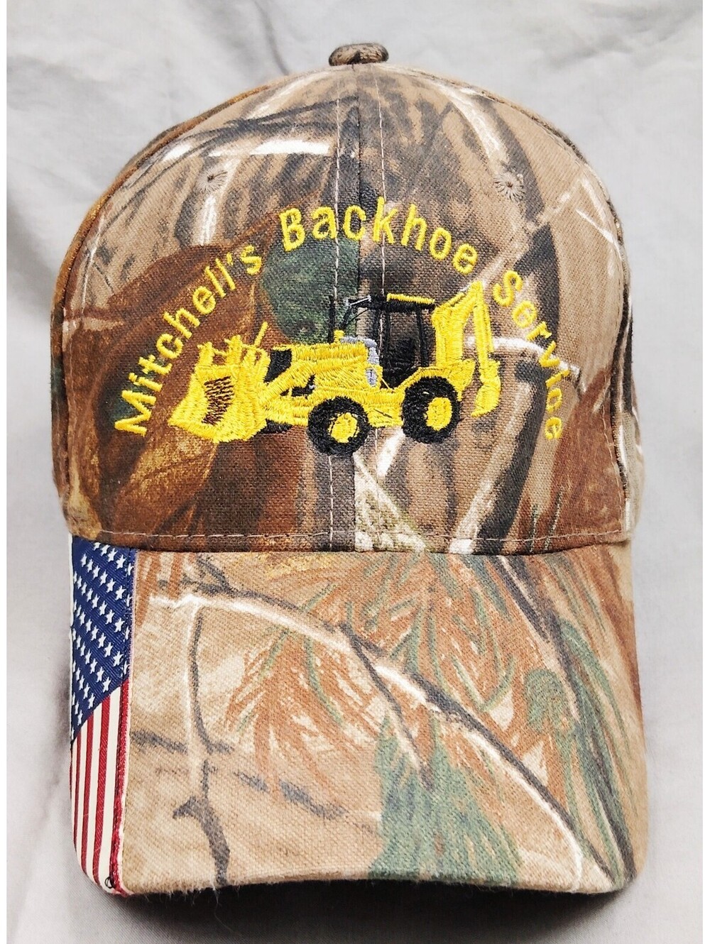 Mitchell's Backhoe Service Hat Camo Construction Equipment USA Flag Cap